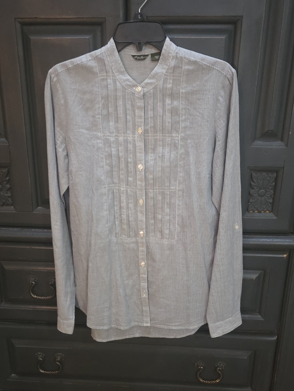 Eddie Bauer Womens Gray White Pintuck Button-Down Shirt Long Sleeve Size M